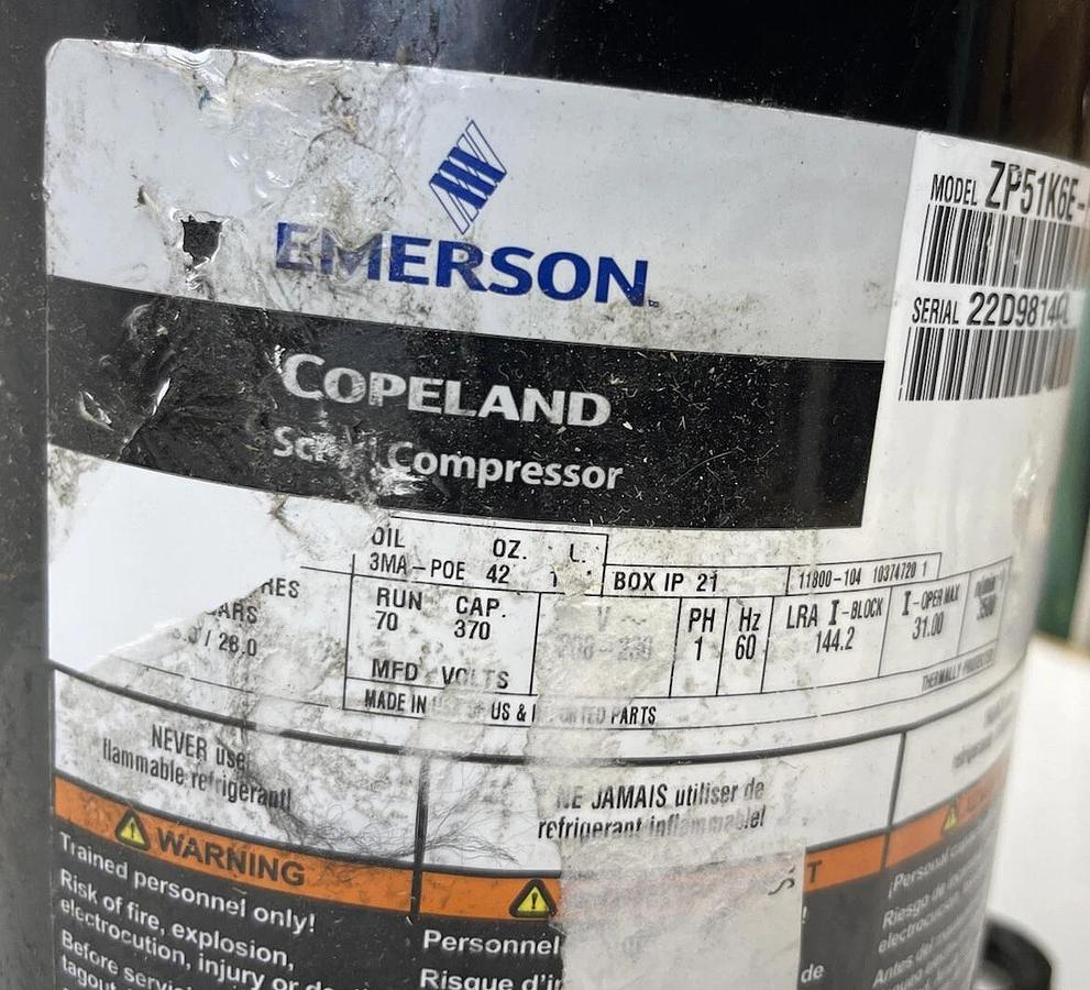 Copeland Emerson ZP51K6E-PFV-800 230V1PH R410A 51K BTU COMPR Scroll Compressor