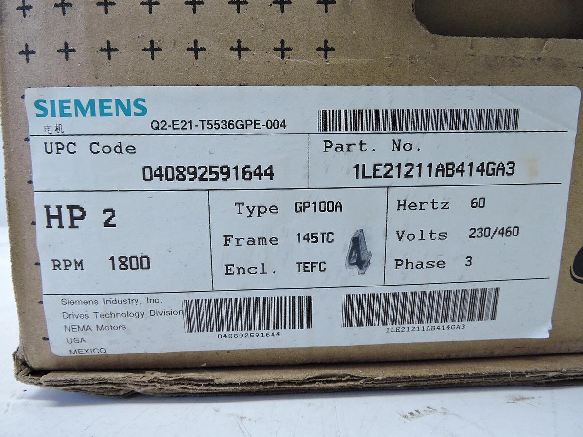 Siemens 1LE21211AB414GA3 NEMA Motor,1800 rpm,208-230/460V, 2.8A - NEW!