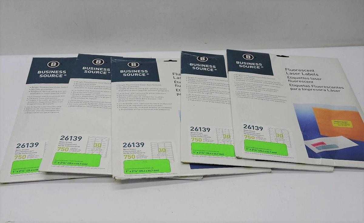 (5 Pk) Business Source Laser Label Fluorescent 1"x2-5/8" 750/PK Neon Green 26139 35255261395