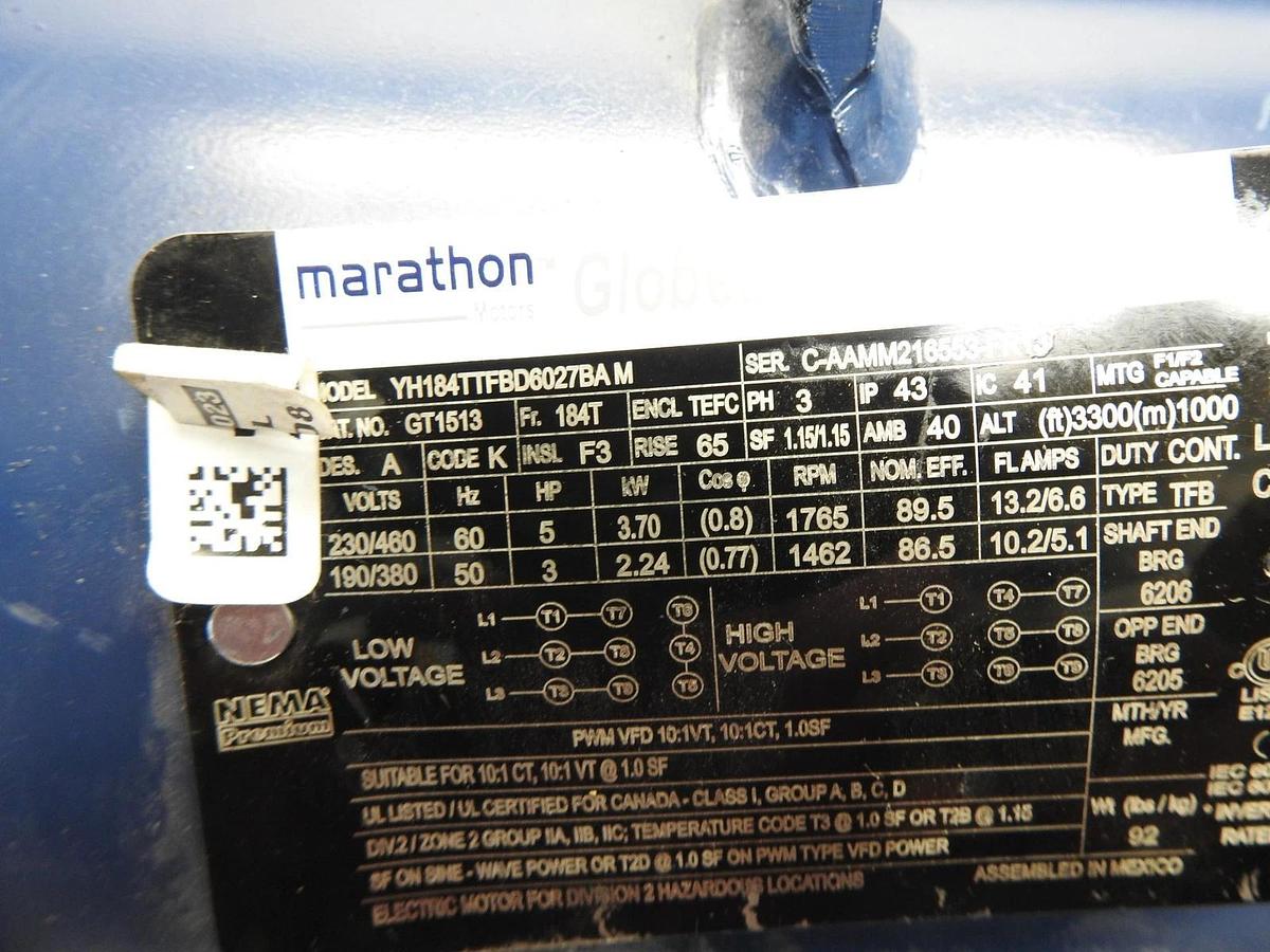 Marathon GT1513 Electric Motor 5 HP 1800 Rpm 3PH 230/460 Volt 184T Frame