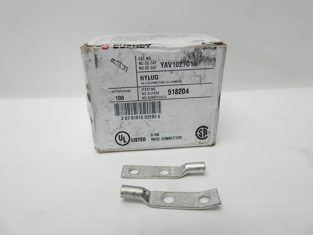 100/Box - Burndy YAV102TC10 Cu Compression Lugs 2-Hole #10 Stud 14-10AWG 518204