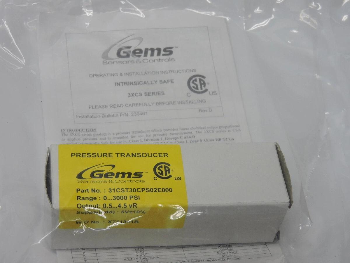 GEMS Pressure Transducer 31CST30CPS02E000 0 -3000PSI 4.5 vR Intrinsically Safe