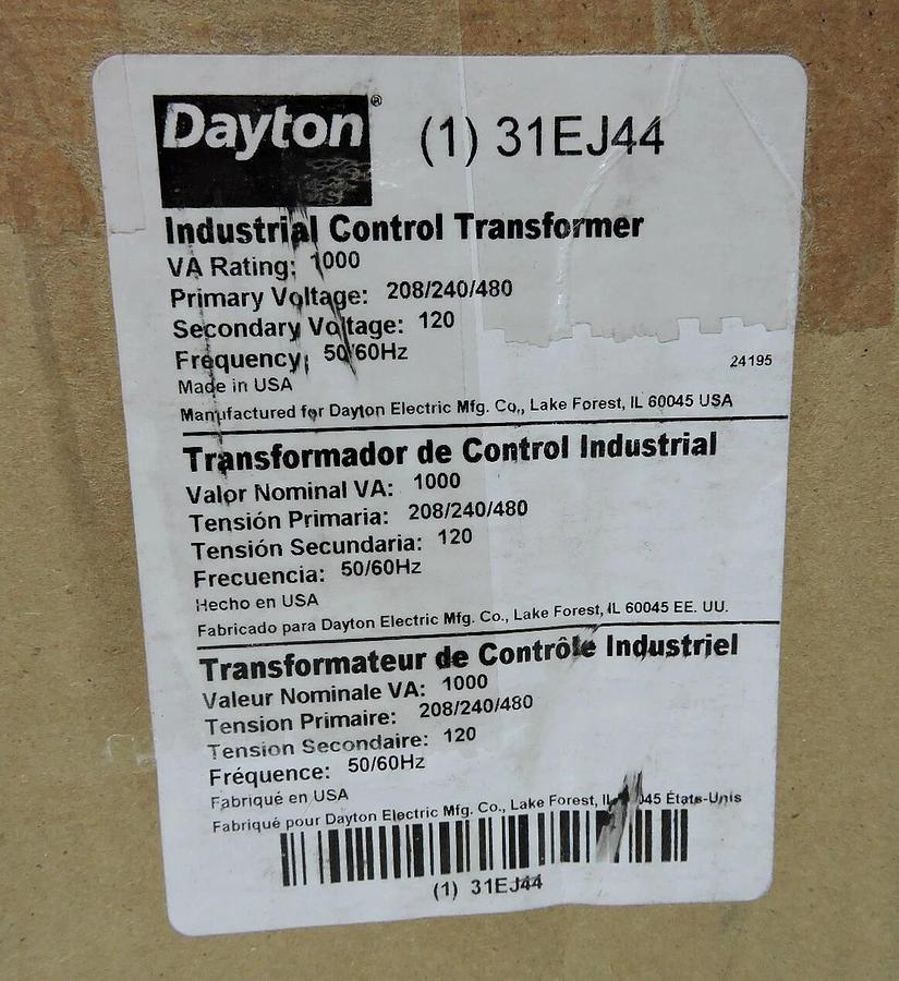 Dayton 31EJ44 Control Transformer,1kVA,5.75 In. H 5.75 H x 6.75 W - NOB NEW!