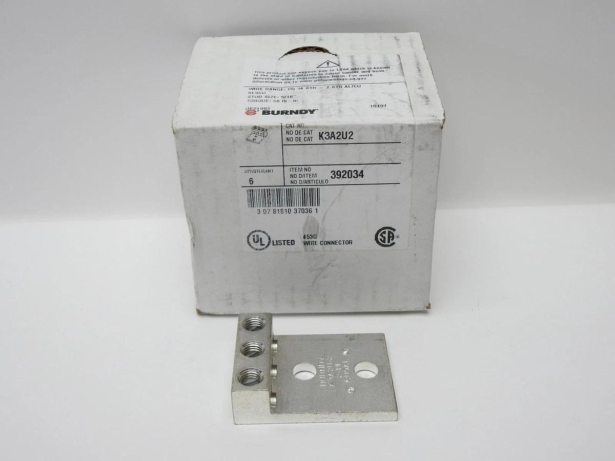 Box of 6 - Burndy K3A2U2 2 to 14 AWG, 3 COND Aluminum Universal Terminal