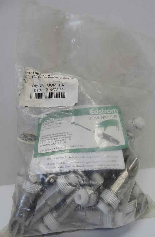 LOT OF 34 - Edstrom Sow Nipple Waterer 1000-0741 Breeding Pigs 1/2" MPT. 2.5/min