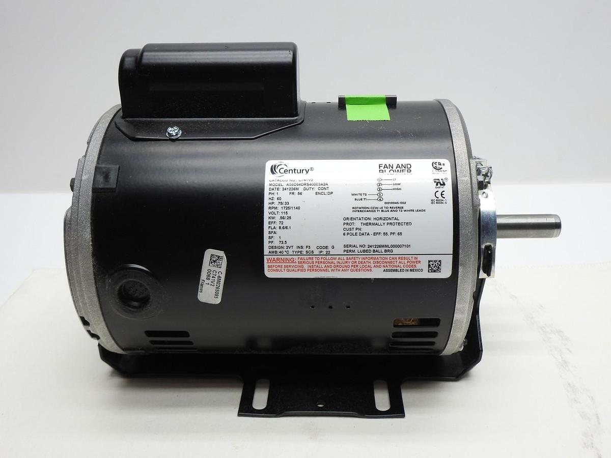 Century C741V2 3/4 hp 1725 RPM 2-SPD 56 Fr 115V Belt Drive Blower Mtr Cap Start