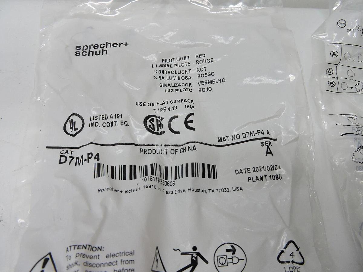 LOT OF 20 - Sprecher Schuh D7M-P4 Red Pilot Light - NEW