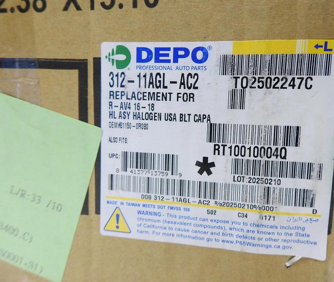 DEPO 312-11AGL-AC2 Headlight, LH, Assembly, Halogen fits 2016-2018 Toyota Rav4