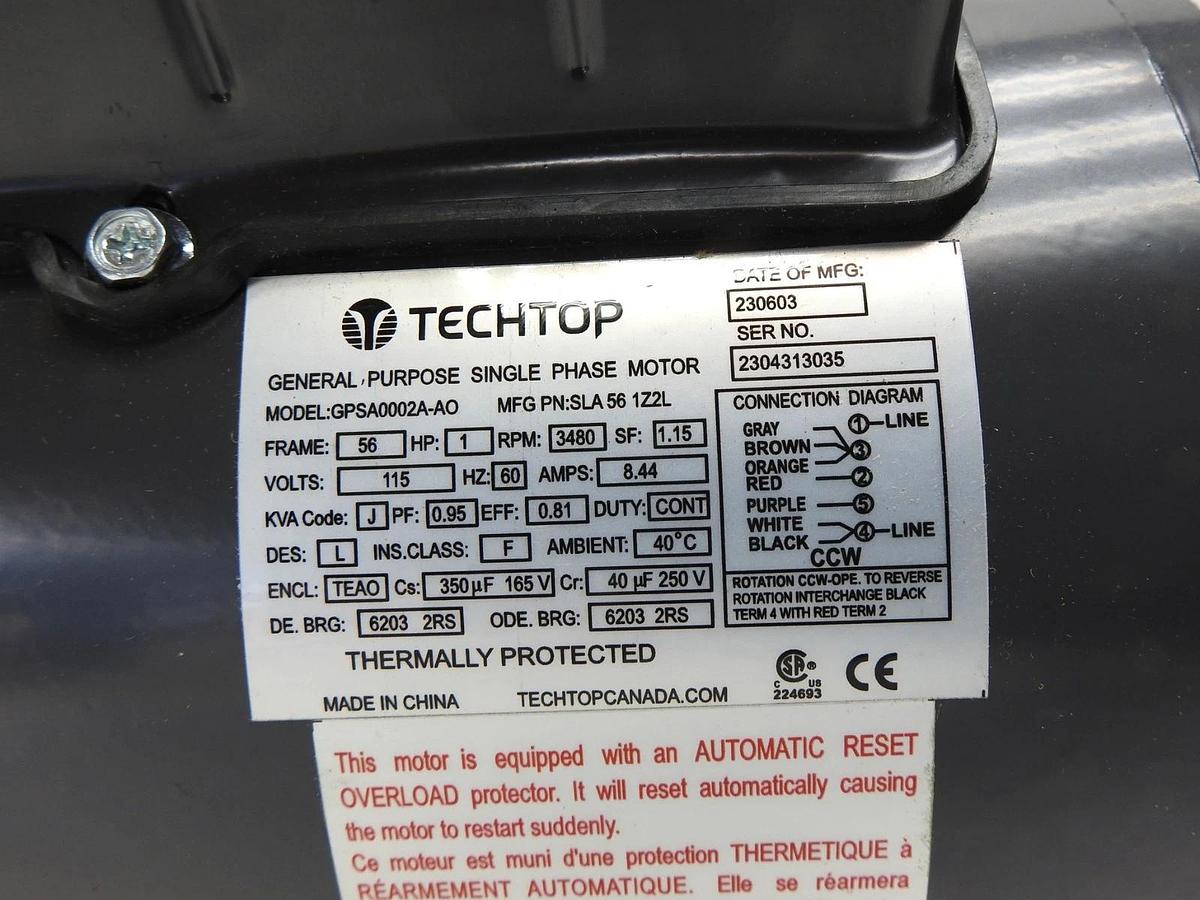 Techtop Single Phase Motor 1 HP, 3480 RPM, Frame 56, 8.44 Amps SLA 56 1Z2L NEW!