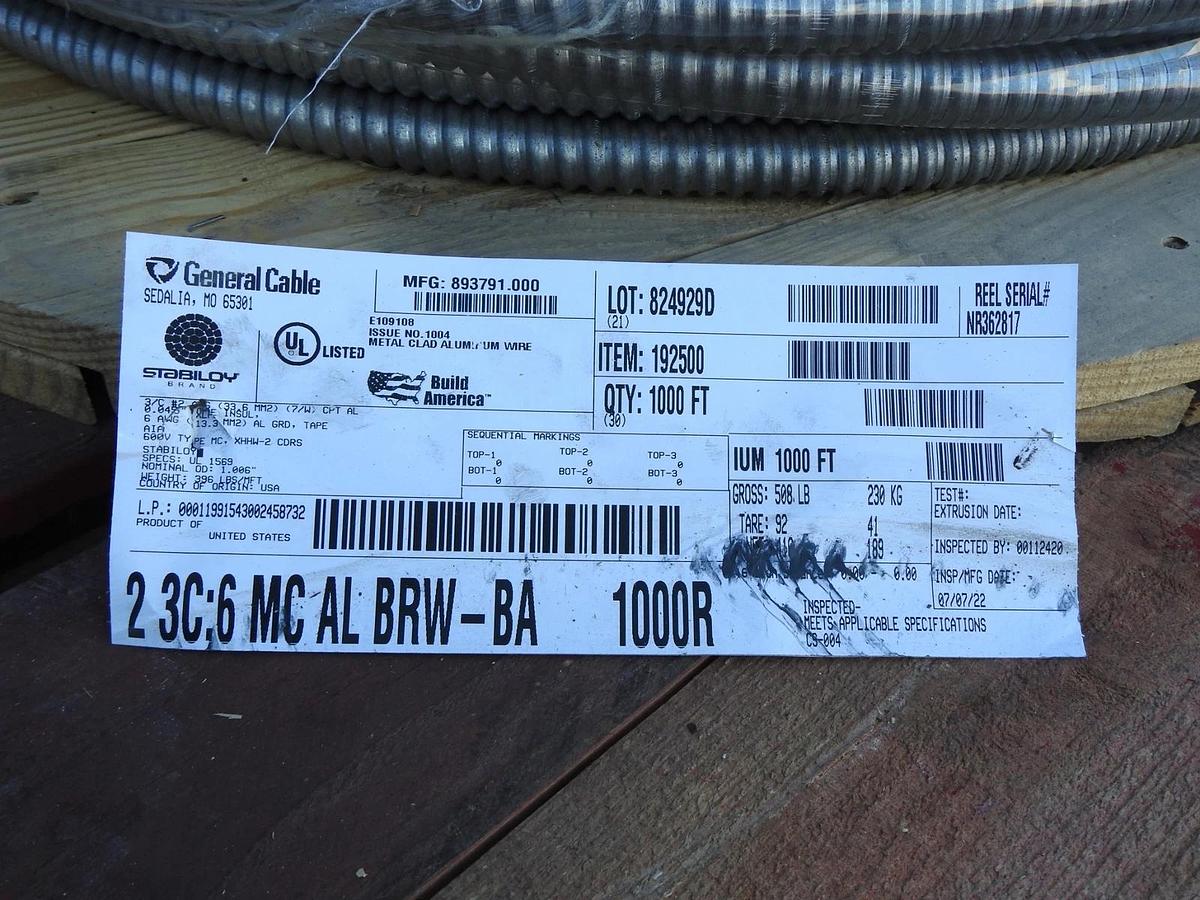 1000' Stabiloy 6/3 w/ Ground Type MC Aluminum Metal Clad Cable 600V XHHW-2 CDRS