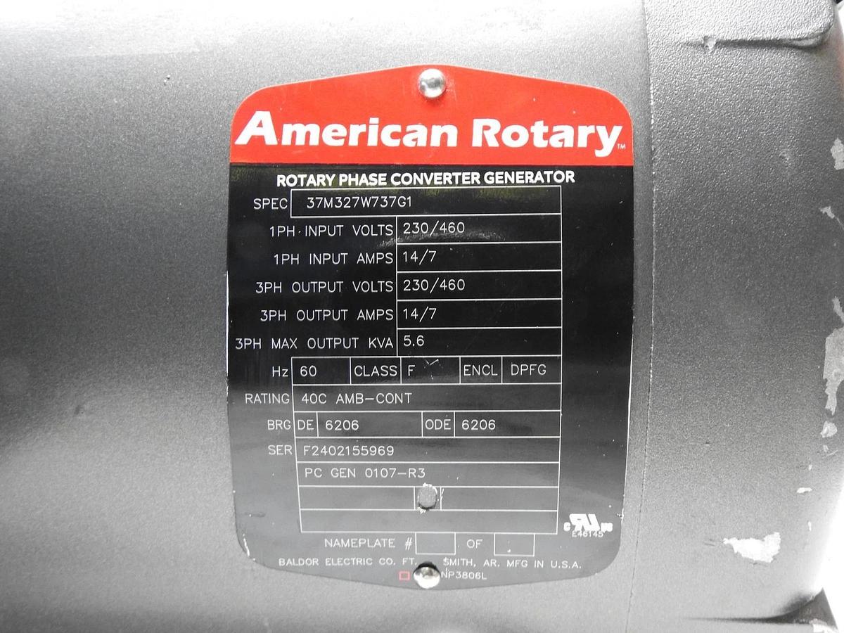 American Rotary 37M327W737G1 Rotary Phase Converter Generator 230V/460V, 5.6kVA