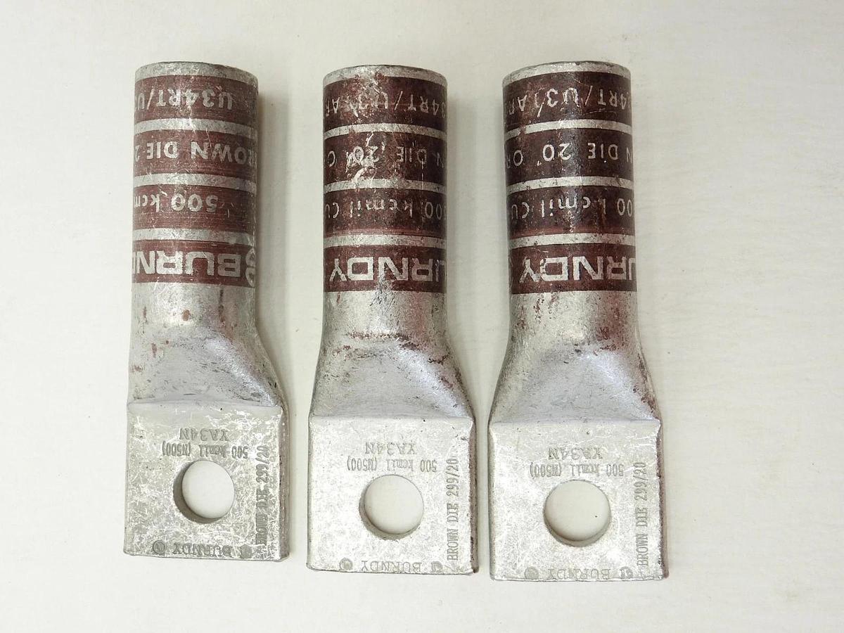Lot of 3 Burndy YA34N Brown Die 500kcmil 1 Hole Compression Connector