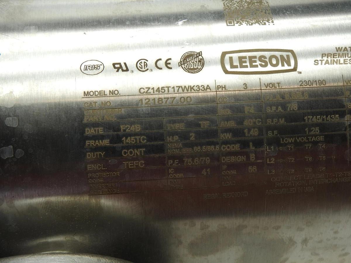 2HP Leeson 121877.00 Washdown Motor 3 Ph 230/190V 460/380V 145TC CZ145T17WK33A