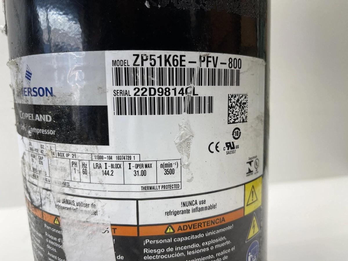 Copeland Emerson ZP51K6E-PFV-800 230V1PH R410A 51K BTU COMPR Scroll Compressor