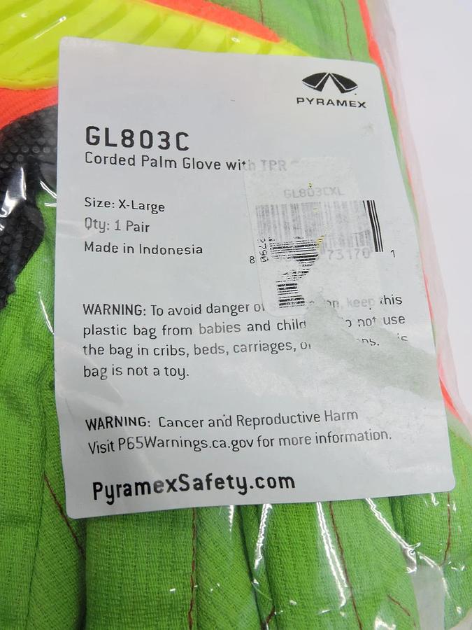 (2 pairs) Pyramex GL803C Hi Vis Corded Cotton Palm Glove SIZE XL