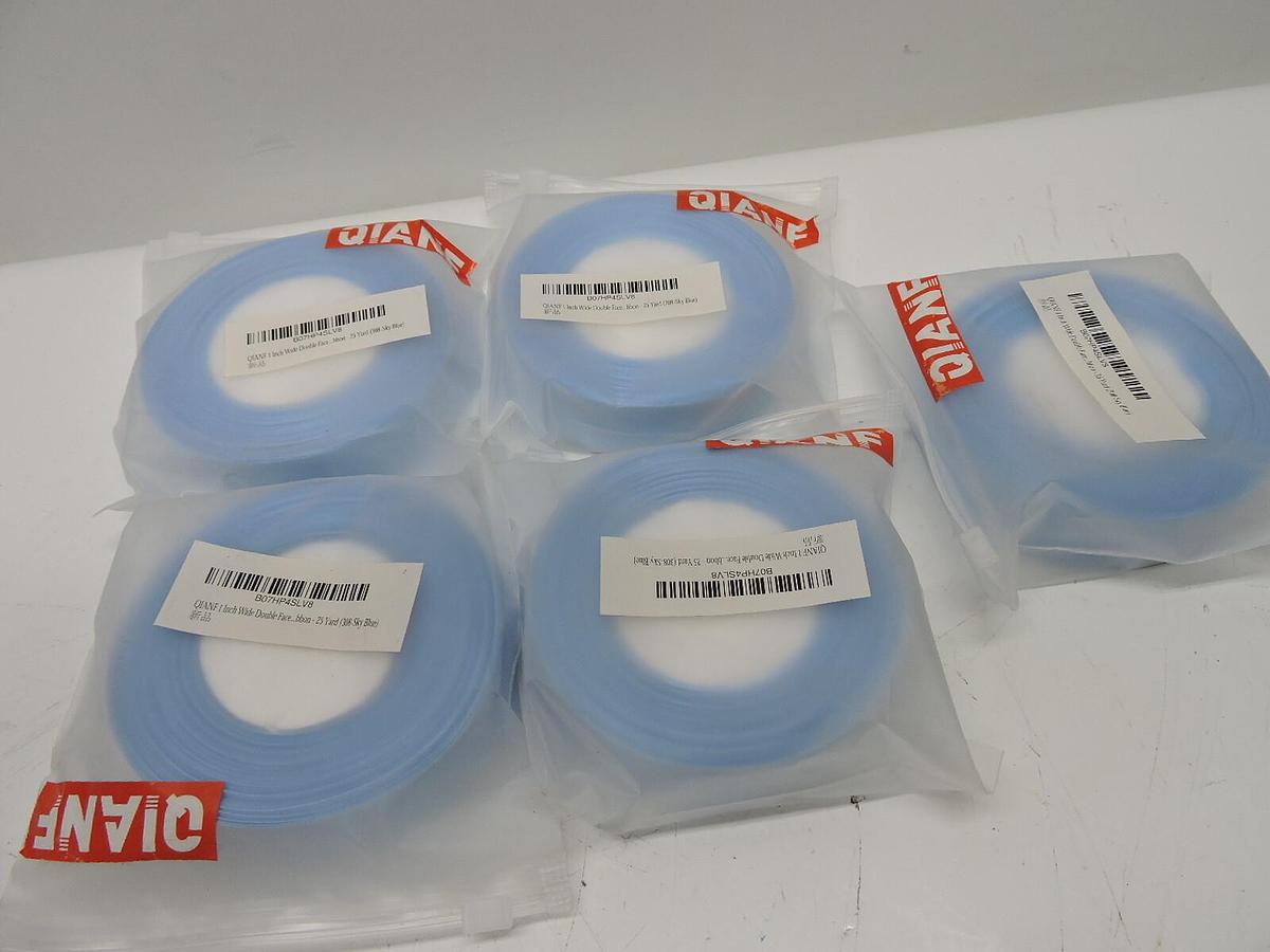 (Lot of 5) Qianf 1 inch Double Face No Fading Woven Ribbon 25 Yard Sky Blue