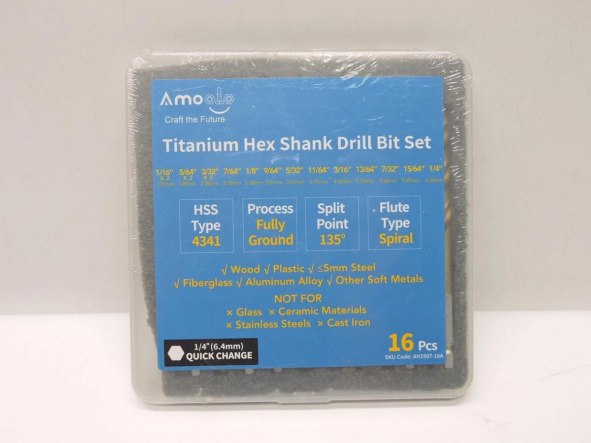 Amoolo Impact Drill Bit Set, 16pcs Titanium HSS Twist Hex Shank (1/16”-1/4”) NEW