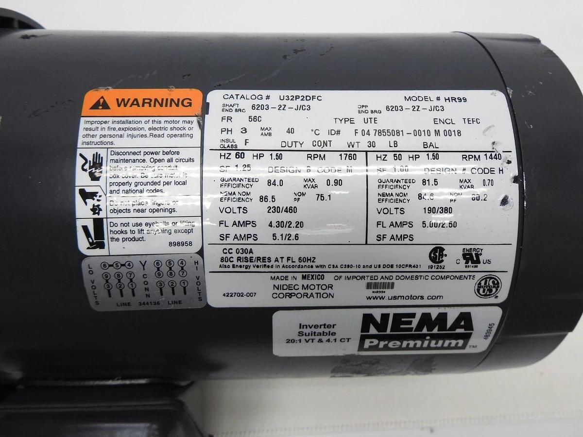 US Motors (Nidec) U32P2DFC, 1.5HP, 1755 RPM, 3PH, 208V/230V/460V - BULK NEW!