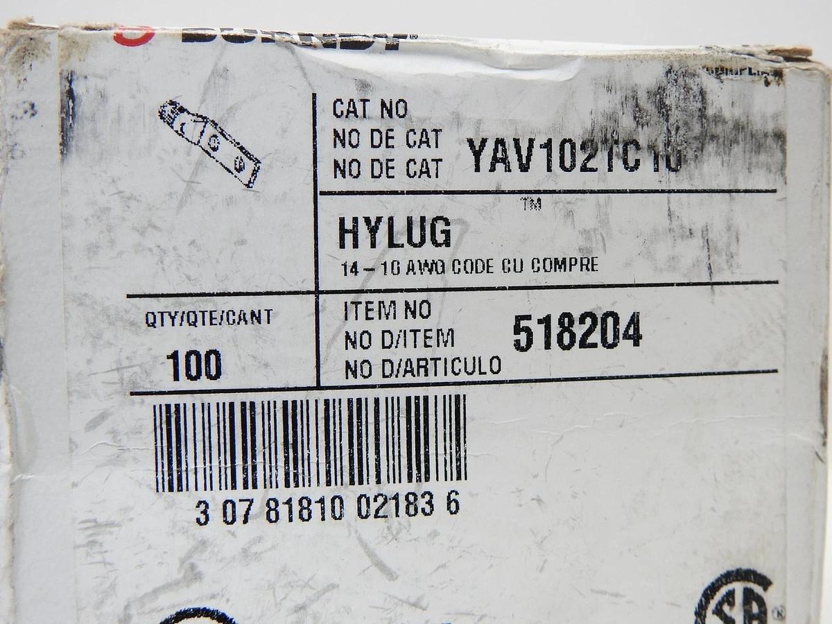 100/Box - Burndy YAV102TC10 Cu Compression Lugs 2-Hole #10 Stud 14-10AWG 518204
