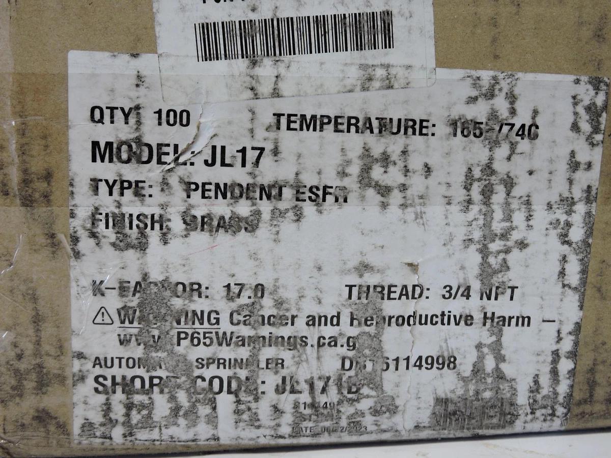 BOX OF 100 - Reliable JL17 Pendent ESFR 3/4 NPT Storage Pendent Sprinkler NEW!