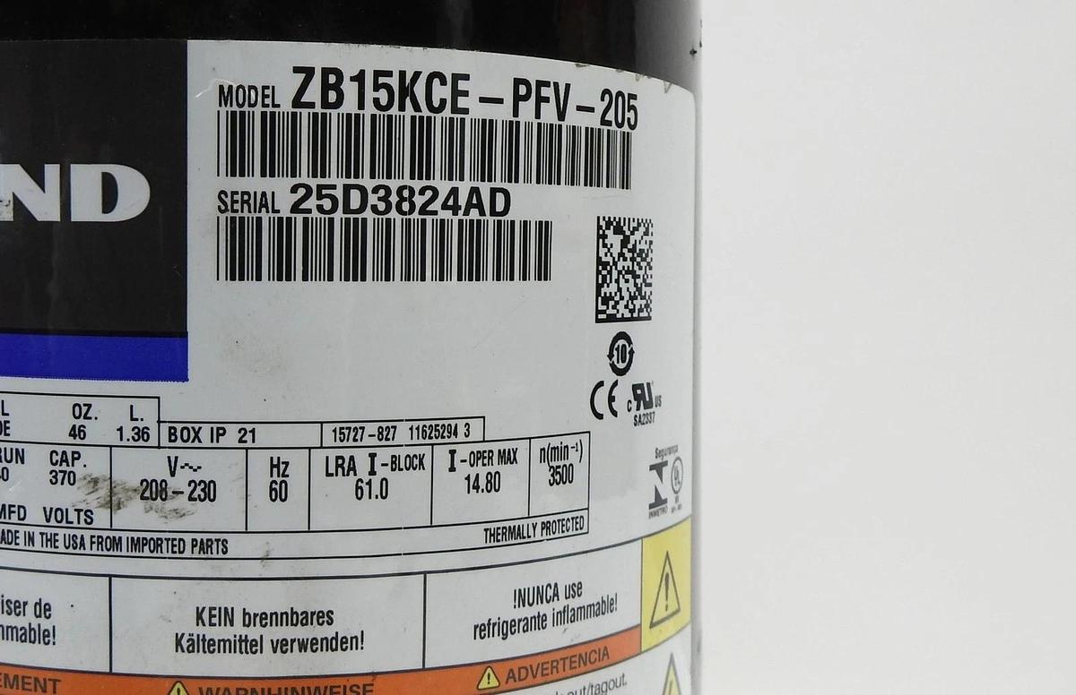 Emerson Copeland Scroll Compressor ZB15KCE-PFV-205, 208-230V 1PH - NOB NEW!