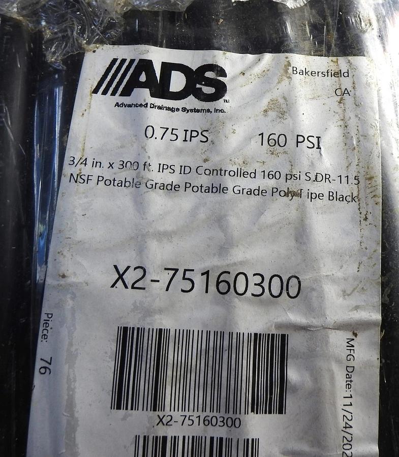 Advanced Drainage Systems ADS 3/4 in. x 300 ft. IPS 160 PSI NSF Poly Pipe - NEW