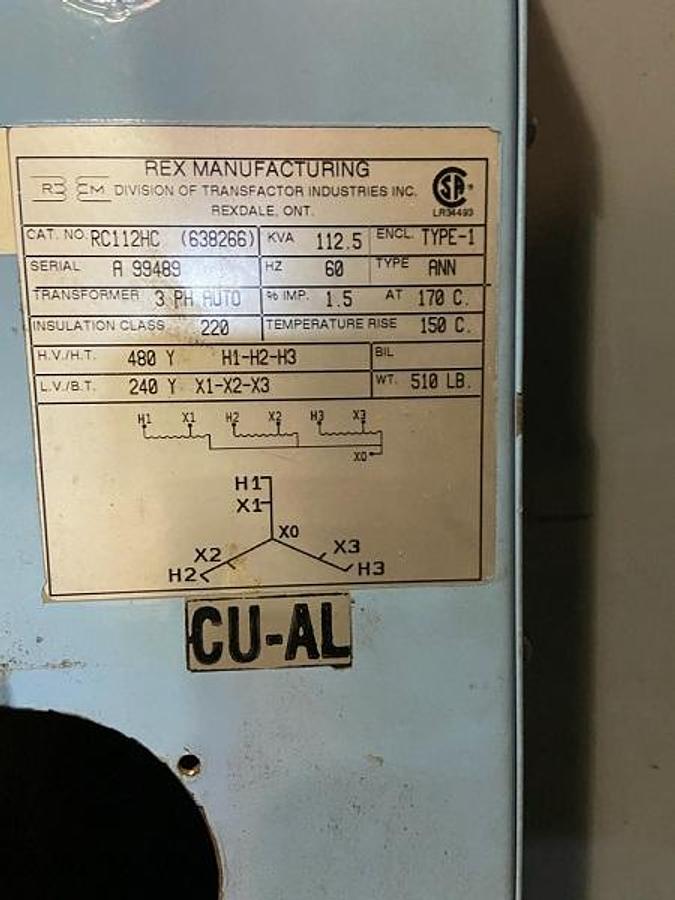 Used Rex Mfg. 112.5 KVA Transformer