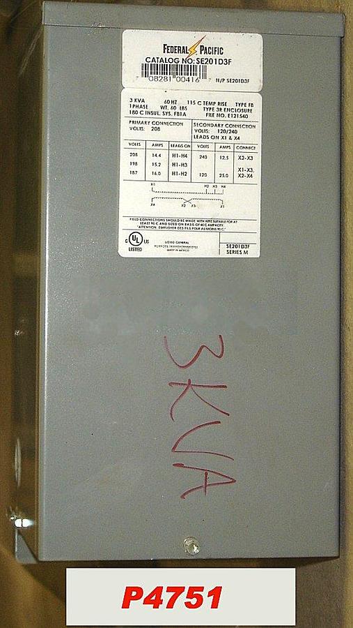 Used Federal Pacific 3 KVA G.P. Transformer
