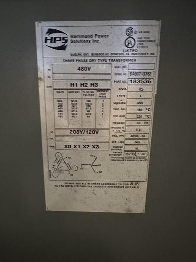 Used Hammond 45 KVA Transformer