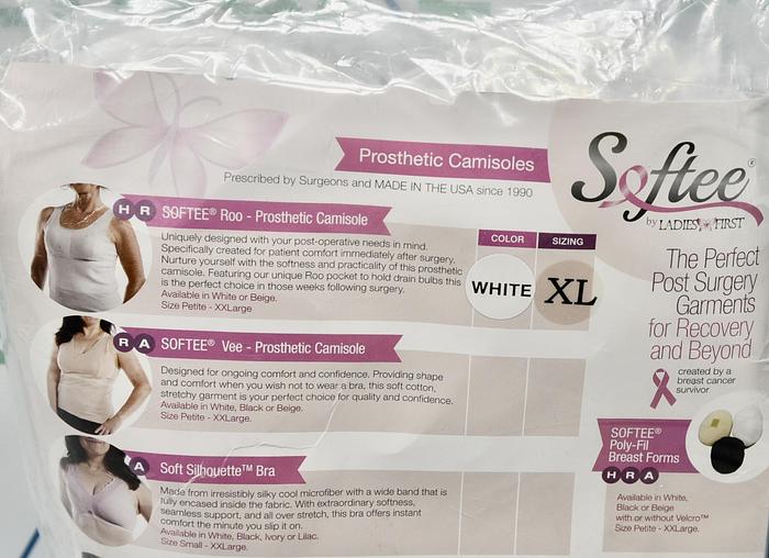 Softee Roo, Vee Prosthetic Mastectomy Camisole and Breast Forms XL White 4 Piece