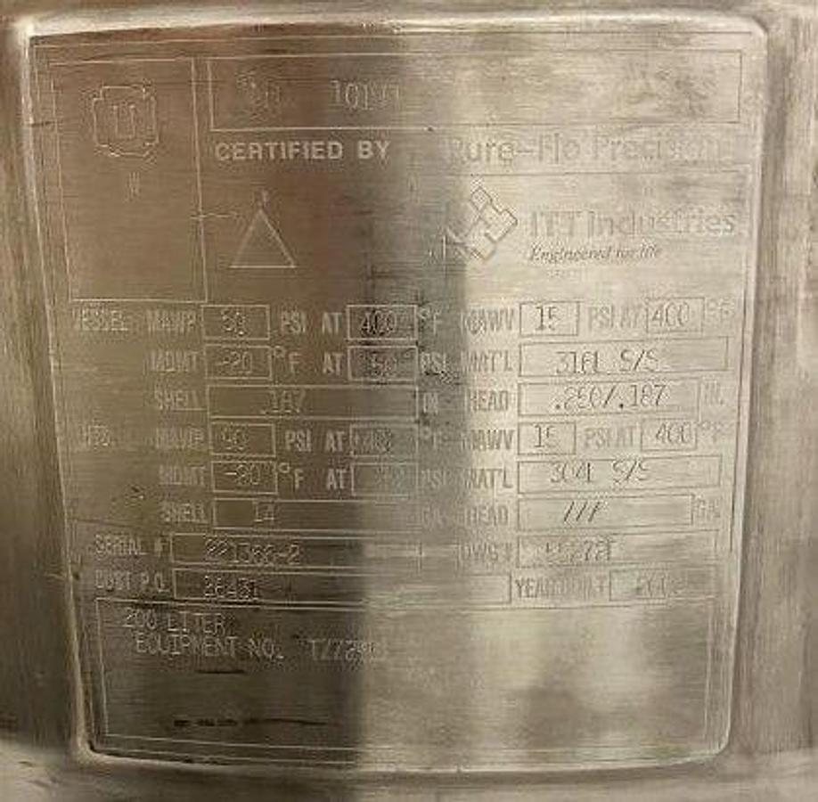 Used ITT Industries Pure-Flo Precision 200L Stainless Steel Reactor