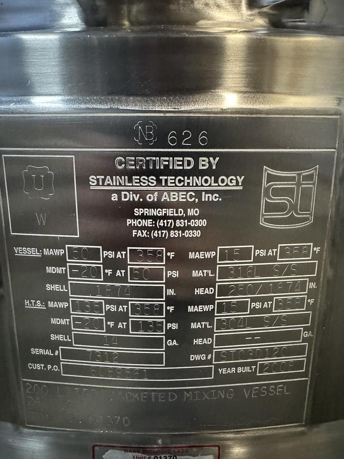 Used ABEC 200 Liter Jacketed Stainless Steel Mixing Tank