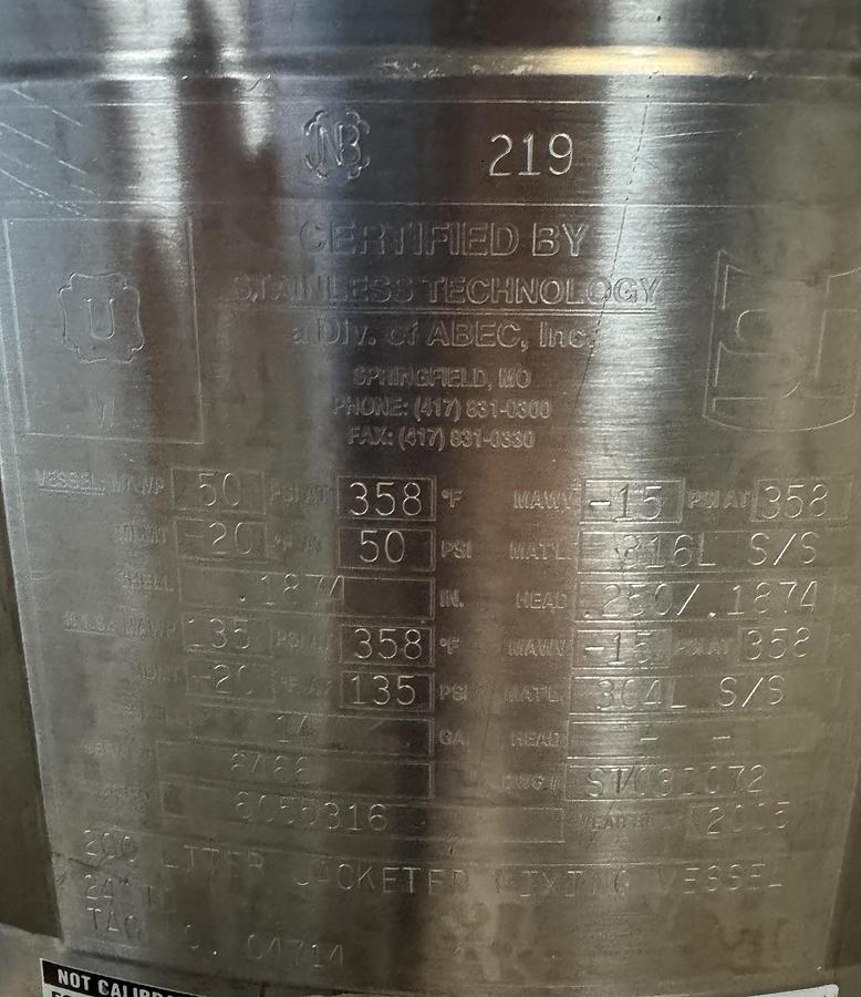 Used ABEC 200 Liter Jacketed Stainless Steel Mixing Tank