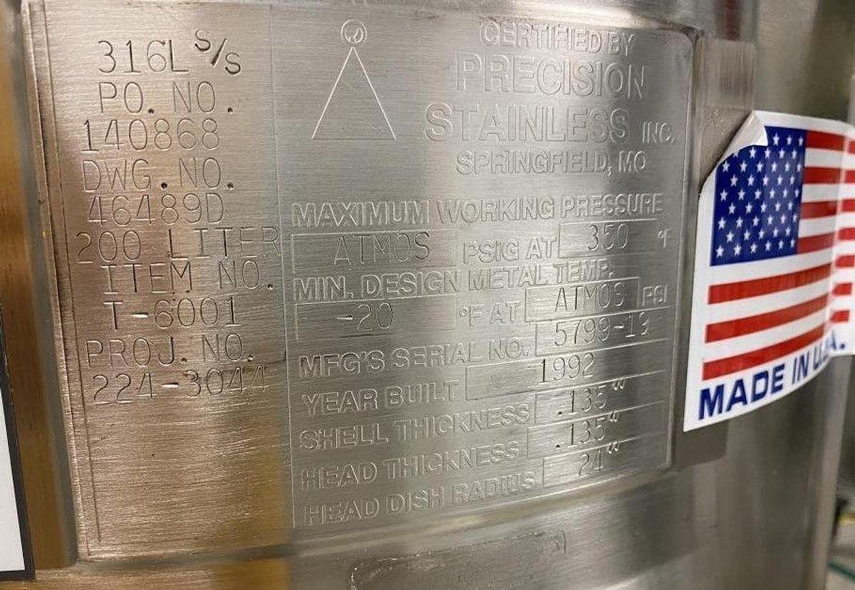 Used Precision Stainless 200L Stainless Steel Tank