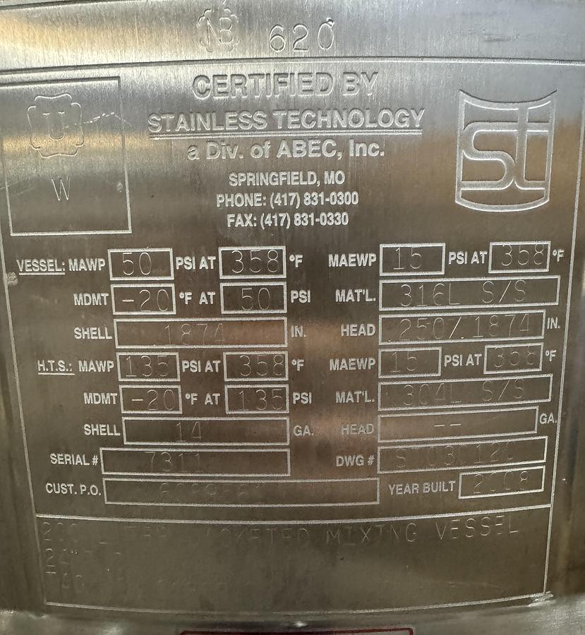 Used ABEC 200 Liter Jacketed Stainless Steel Mixing Tank
