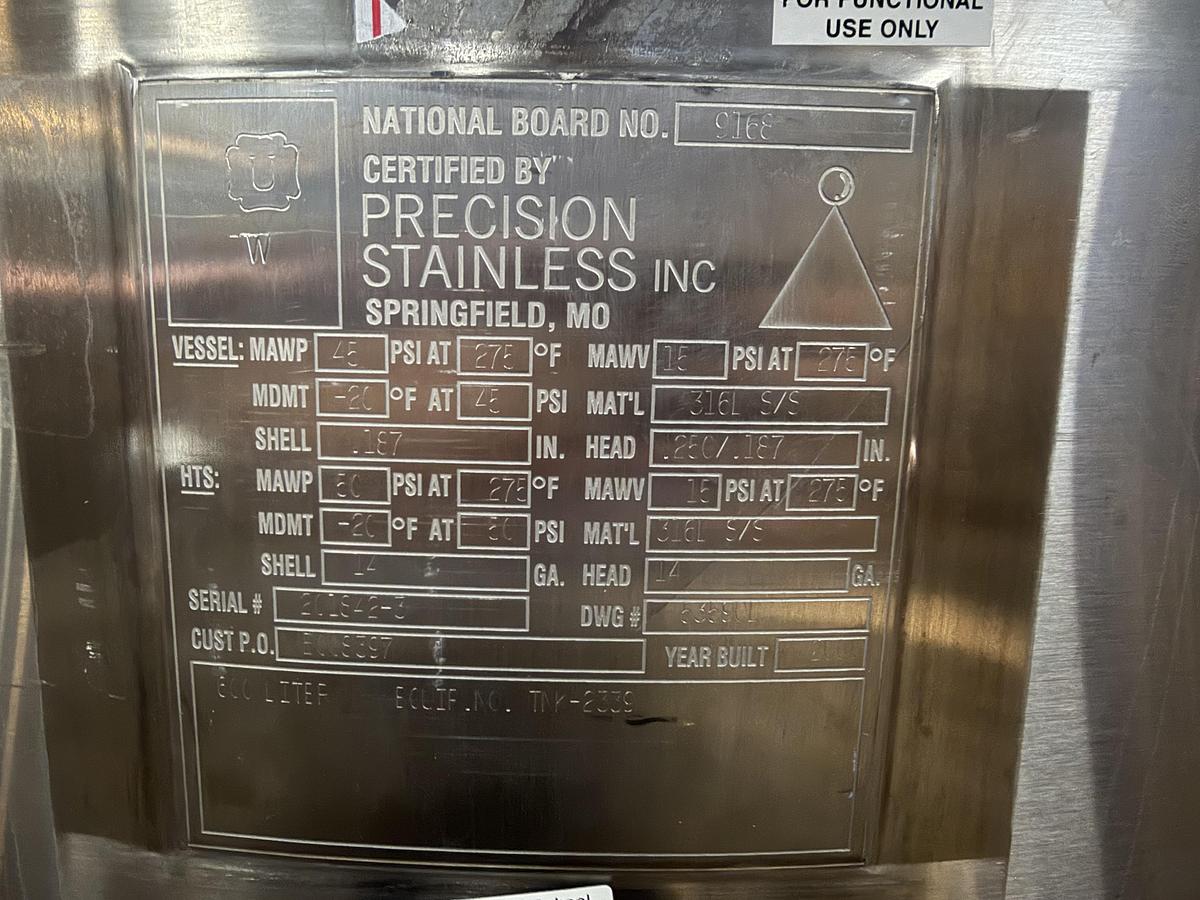 Used Precision Stainless 600L Jacketed Mixing Tank