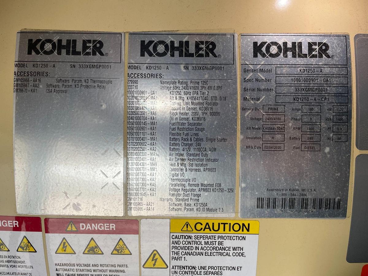 Used Kohler KD1250 Industrial 1 MW Diesel Generator