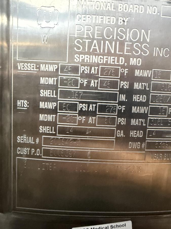 Used Precision Stainless 600L Jacketed Mixing Tank