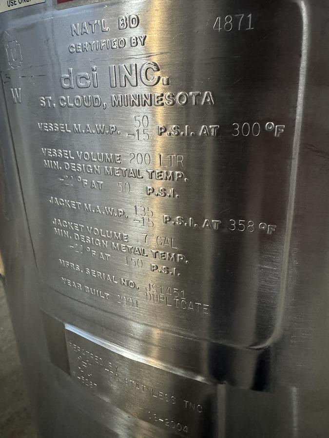 Used DCI 200 Liter Jacketed Stainless Steel Mixing Tank