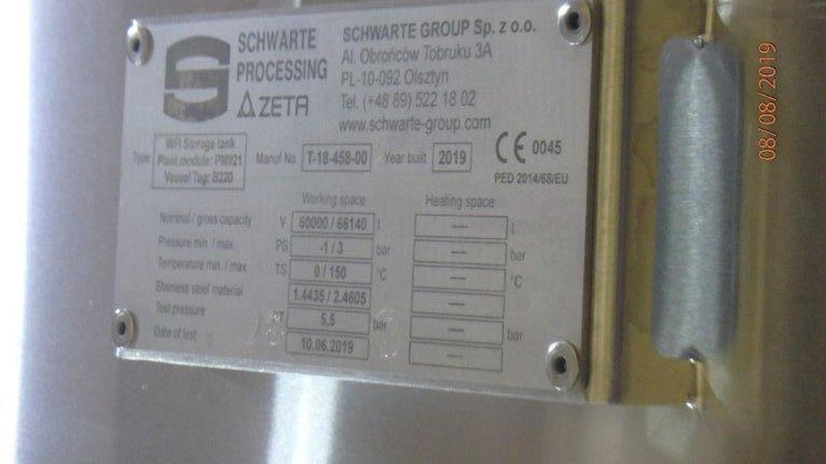 Used Unused Schwarte Processing 60m3 WFI Storage Tank
