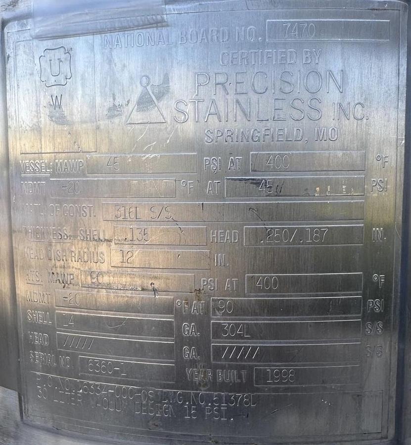 Used Precision Stainless 30L Stainless Steel Reactor