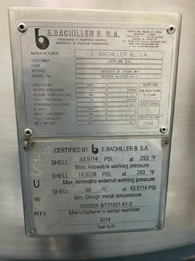 Used Unused Bachiller 9,000L Single Wall Insulated Tank