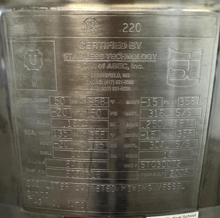Used ABEC 200 Liter Jacketed Stainless Steel Mixing Tank