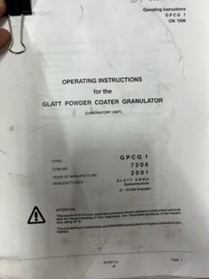 Used Glatt GPCG1 Fluid Bed Dryer