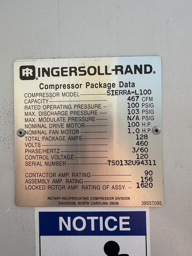 Used Ingersoll-Rand Sierra L100 Oil Free Air Compressor 