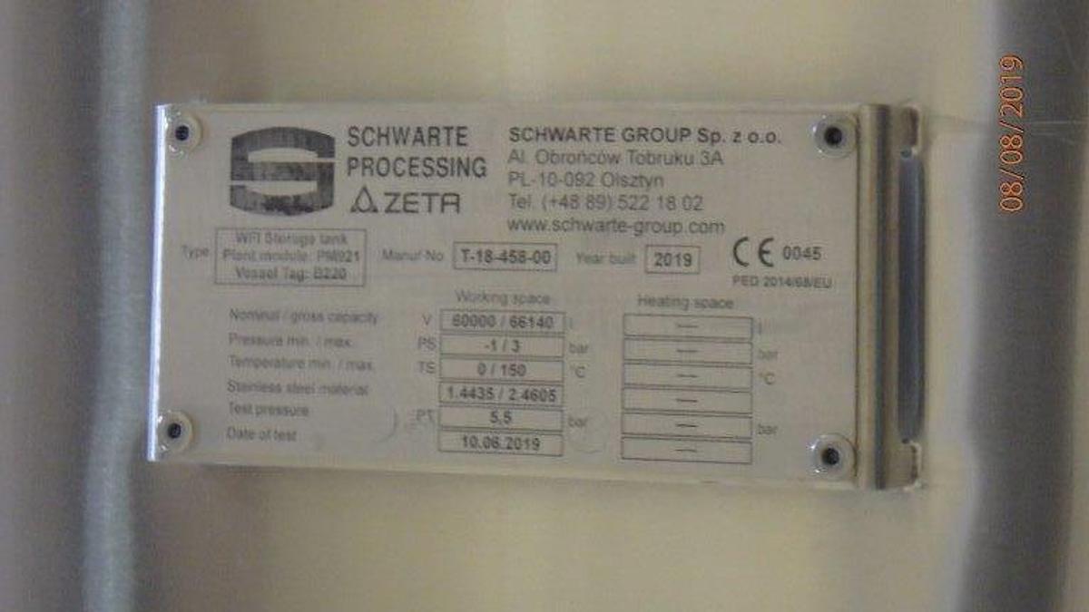 Used Unused Schwarte Processing 60m3 WFI Storage Tank