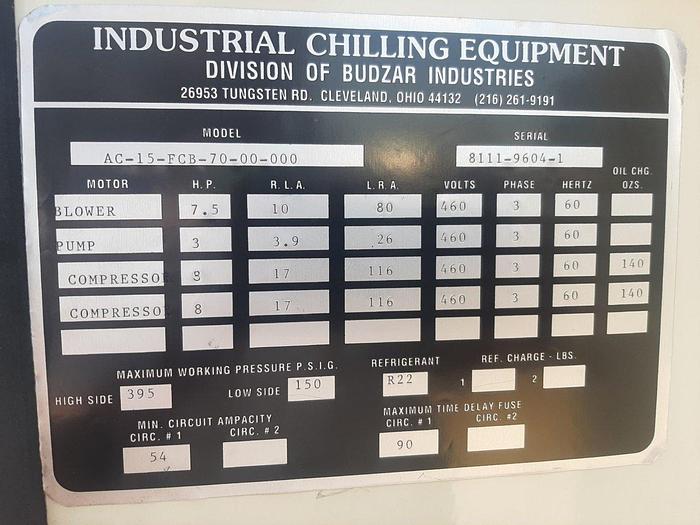 Used Refrigeration, Chiller, 15.4 Ton, Budzar, Model AC-15-FCB-70-00-000 #S744610