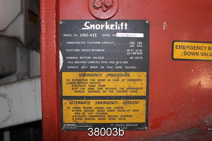 Used Snorkelift UNO-41E Articulating Boom Lift work platform, 40' 10" Max Platform Height #38003