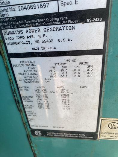Used Cummins V-10 Ford Natural Gas Generator 85 KW Low Low Hours