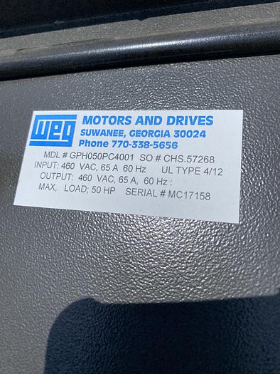 Used WEG 460 VOLT 50 AMP Soft Start UNIT.  Removed from a government application  Model GHP050PC4001